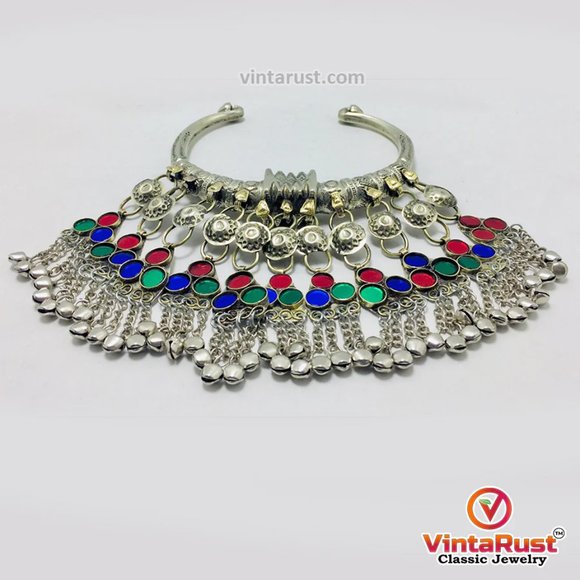 Tribal Silver Torque Choker Necklace With Multicolor Glass Stones - Picture 4 of 7